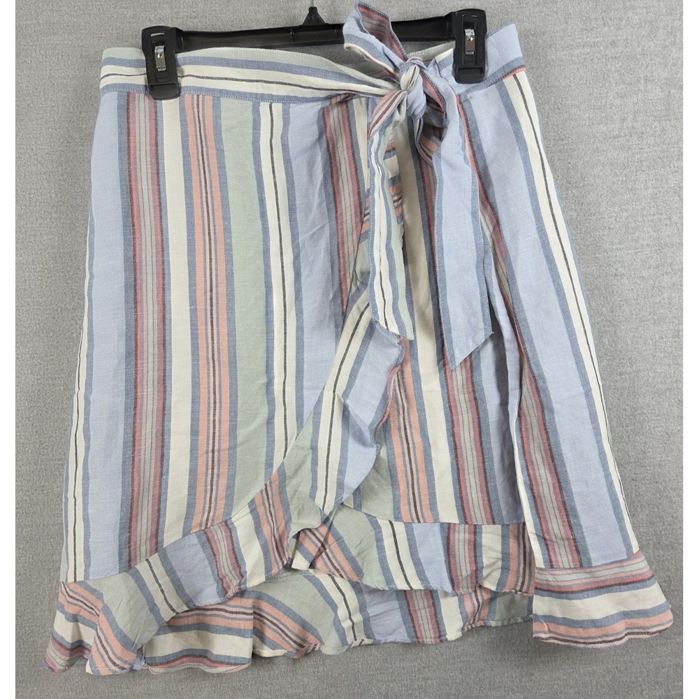 Loft Linen Ruffled Wrap Skirt 4 Side Tie Pastel Stripes Coverup Boho Cottagecore